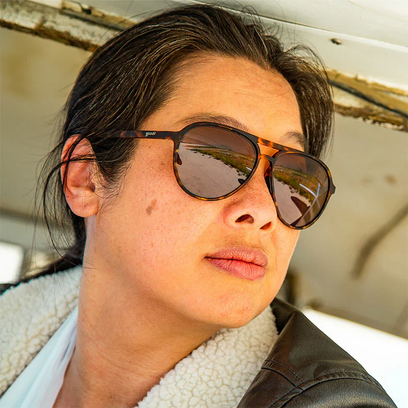 goodr Mach G Amelia Earhart Ghosted Me sunglasses, tortoise frame with smoke brown lenses — styled product view