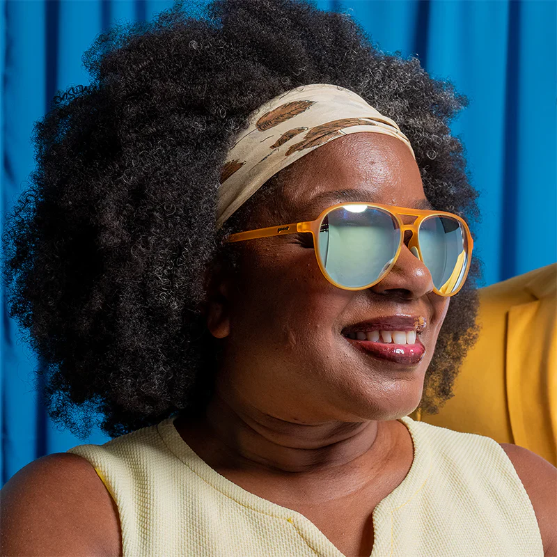 goodr Mach G Cheesy Flight Attendant sunglasses, mustard frame with mirrored lemon-lime lenses — styled product view
