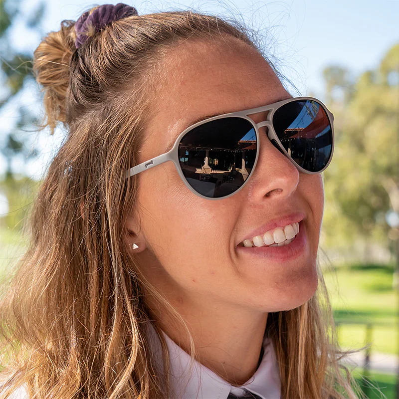 goodr Mach G Clubhouse Closeout sunglasses, stone frame with graphite lenses — styled product view