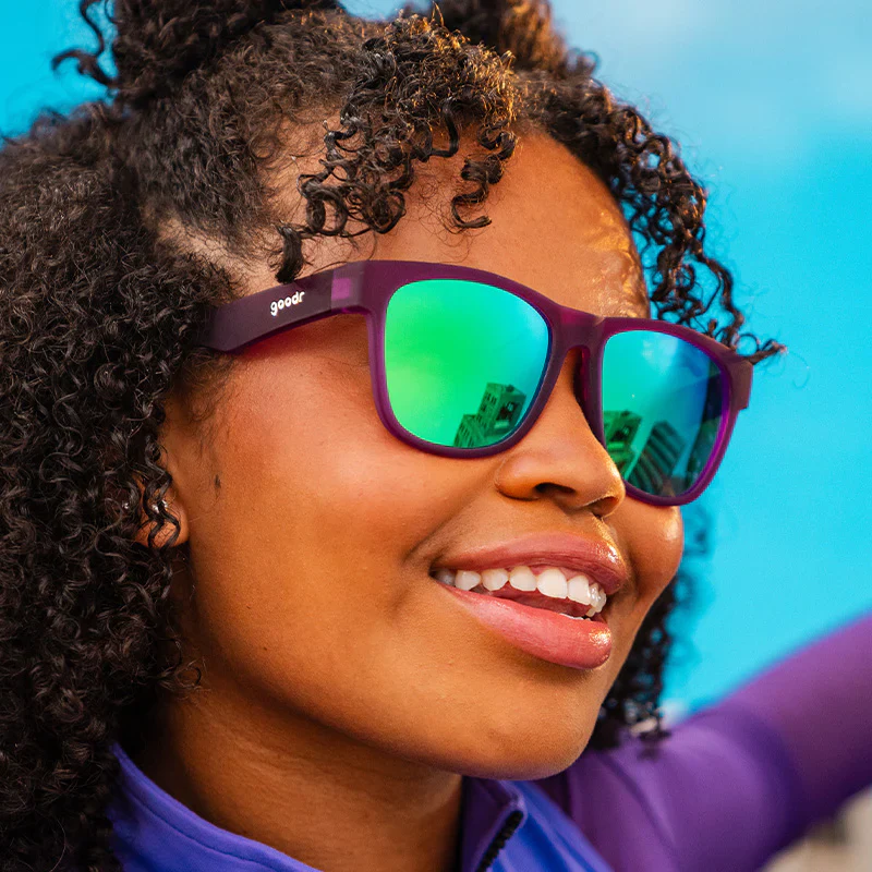 goodr BFG Colossal Squid Confessions sunglasses, grape frame with mirrored mint lenses — styled product view