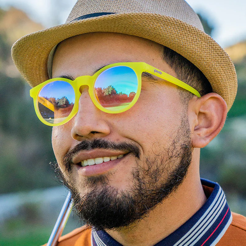 goodr Circle G Fade-Er-Ade Shades sunglasses, lime frame with mirrored aqua lenses — styled product view