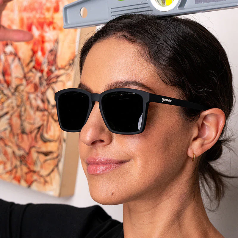 goodr LFG Get On My Level sunglasses, black frame with smoke lenses — styled product view