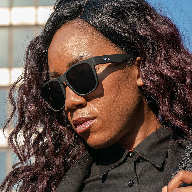 goodr BFG Hooked On Onyx sunglasses, black frame with smoke lenses — styled product view