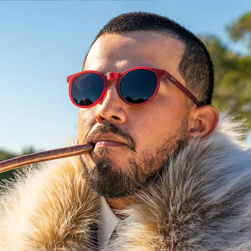 goodr Circle G I'm Wearing Burgundy? sunglasses, burgundy frame with brown lenses — styled product view