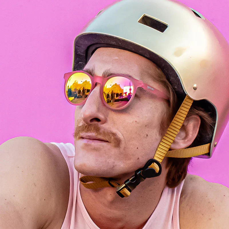 goodr Circle G Influencers Pay Double sunglasses, rose frame with mirrored crimson lenses — styled product view