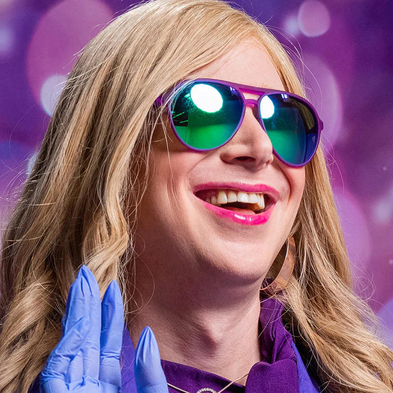 goodr Mach G It's Octopuses, Not Octopi sunglasses, purple frame with mirrored mint lenses — styled product view