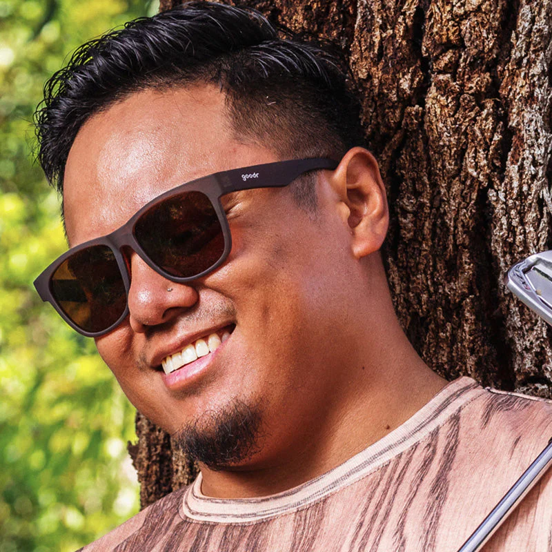 goodr BFG Just Knock It On! sunglasses, smoke frame with mirrored dark green lenses — styled product view