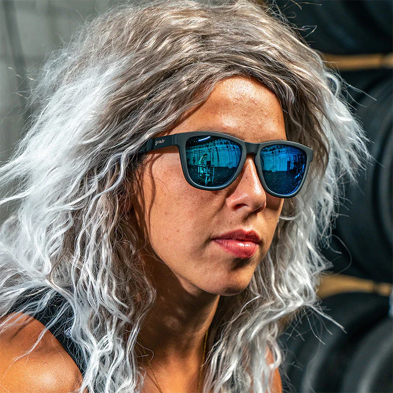 goodr OG Mick And Keith's Midnight Ramble sunglasses, smoke frame with sky blue lenses — styled product view