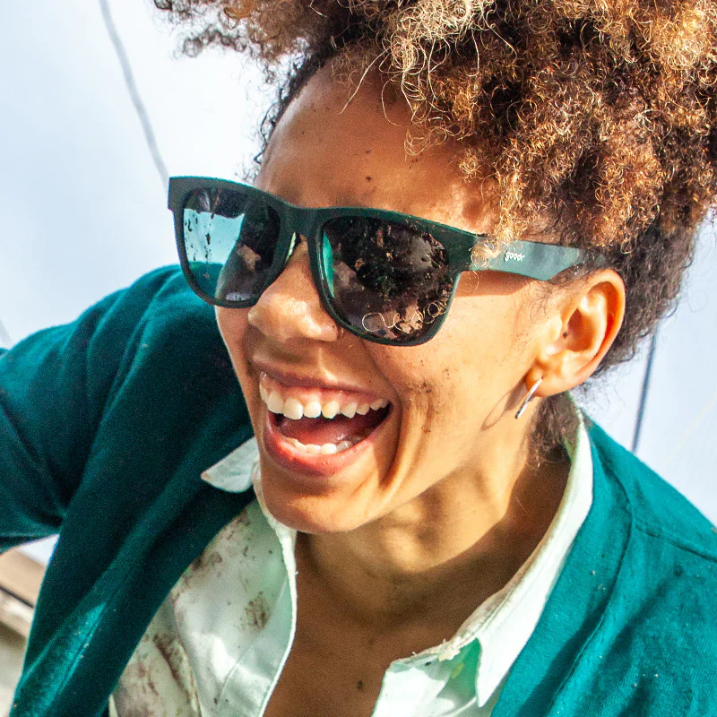 goodr BFG Mint Julep Electroshocks sunglasses, dark green frame with graphite lenses — styled product view