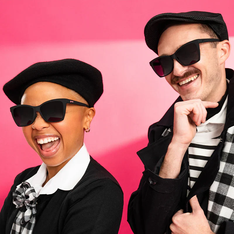 goodr Pop G New Wave Renegade sunglasses, black frame with smoke gradient lenses — styled product view