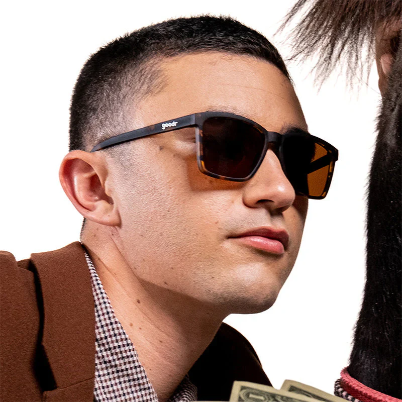 goodr LFG Smaller Is Baller sunglasses, charcoal frame with brown lenses — styled product view