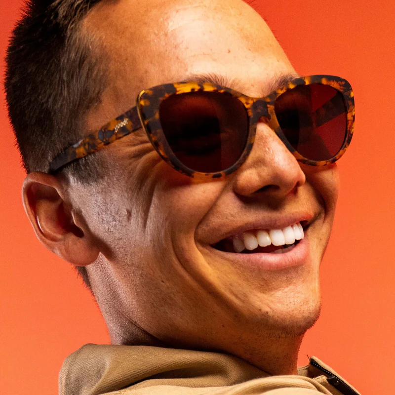 goodr Glam G The Catwalk's Meow sunglasses, tortoise frame with chocolate lenses — styled product view