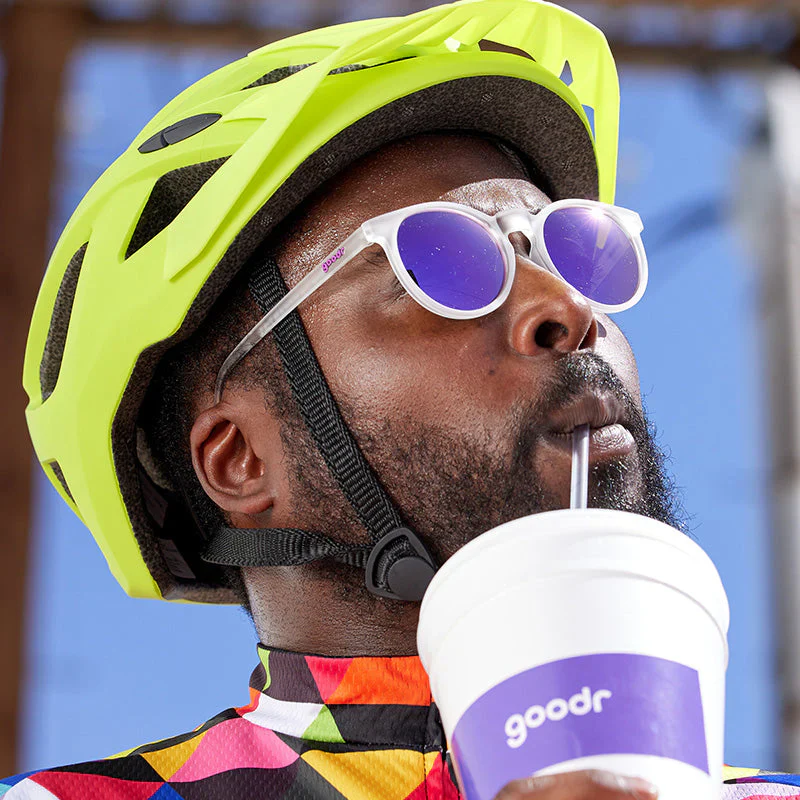 goodr Circle G Strange Things Are Afoot At The Circle Gs sunglasses, clear frame with cobalt blue mirrored lenses — styled product view