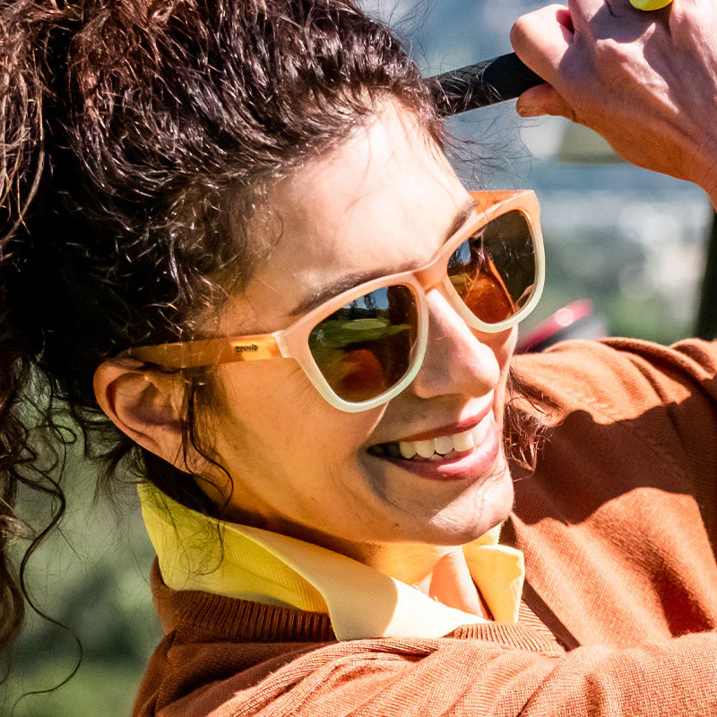 goodr OG Three Parts Tee sunglasses, caramel frame with brown lenses — styled product view