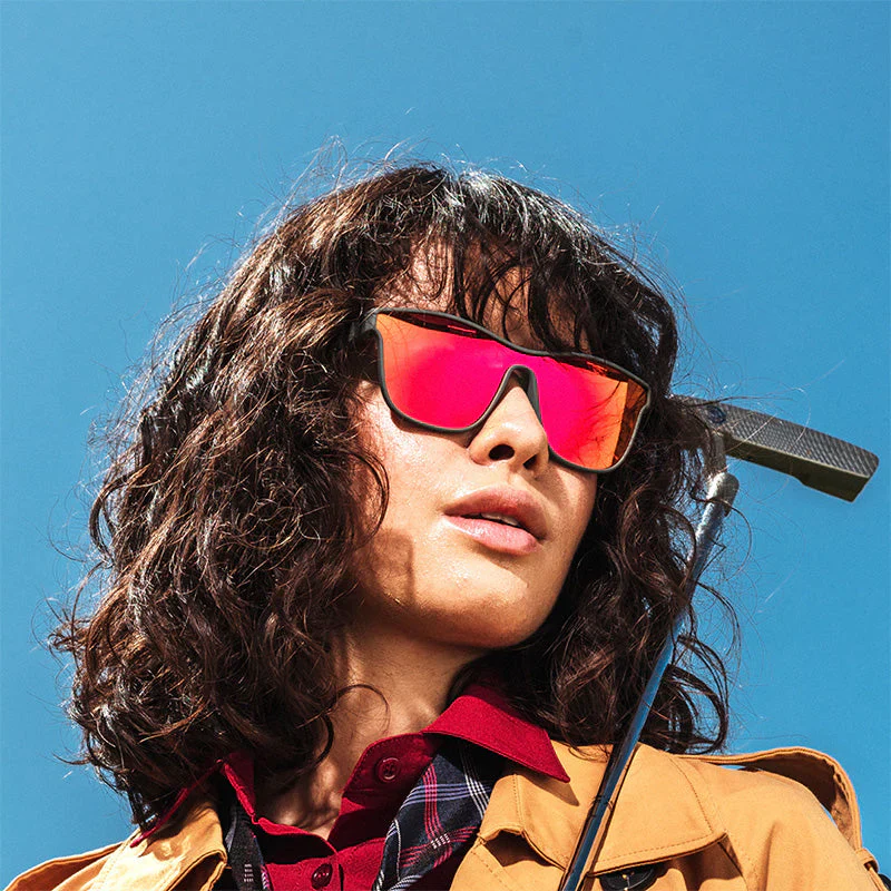 goodr VRG Voight-Kampff Vision sunglasses, graphite frame with mirrored maroon lenses — styled product view