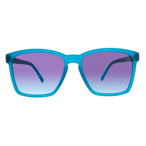 goodr LFG Dungaree Debauchery sunglasses, cyan frame with lavender gradient lenses — front view