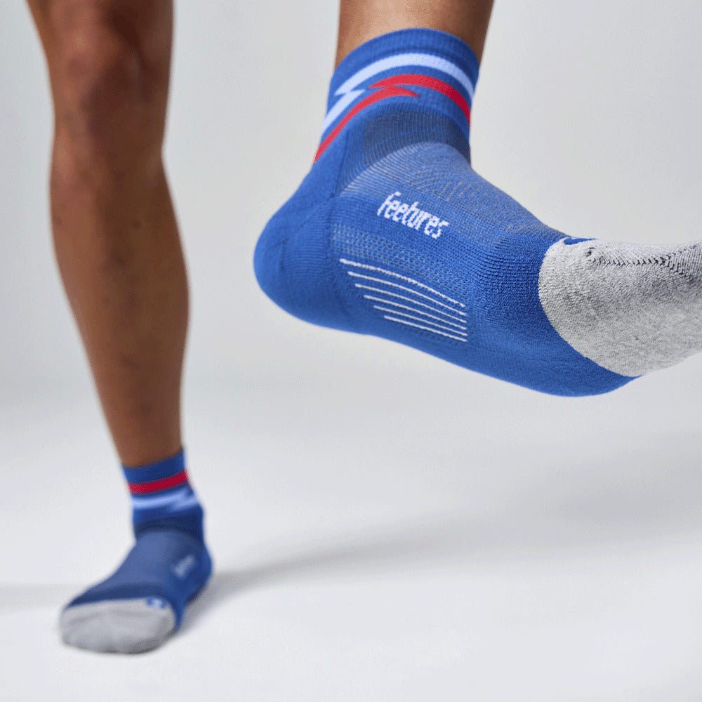 Feetures Elite Light Cushion Quarter sock in Blue Track — lifestyle #Colour_Blue Track