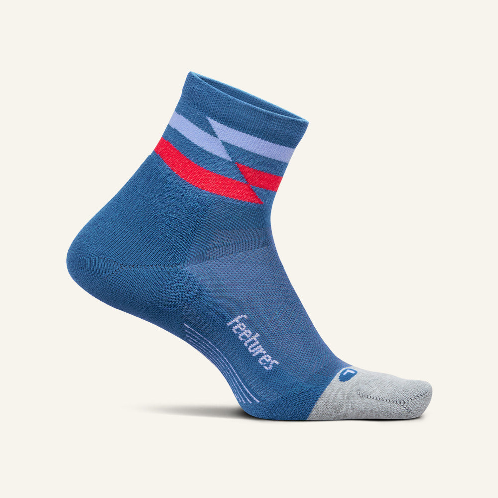 Feetures Elite Light Cushion Quarter sock in Blue Track — front view #Colour_Blue Track