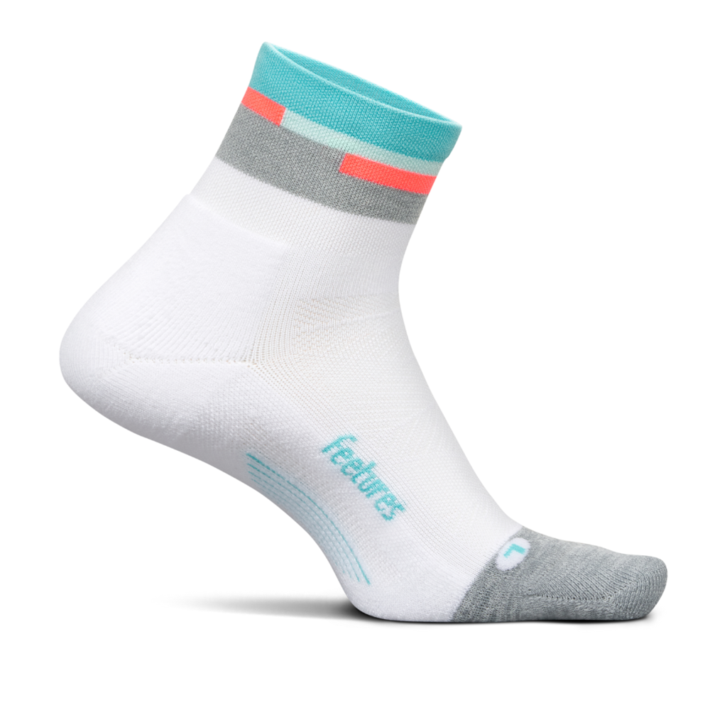 Feetures Elite Light Cushion Quarter sock in Aquatic White — front view #Colour_Aquatic White
