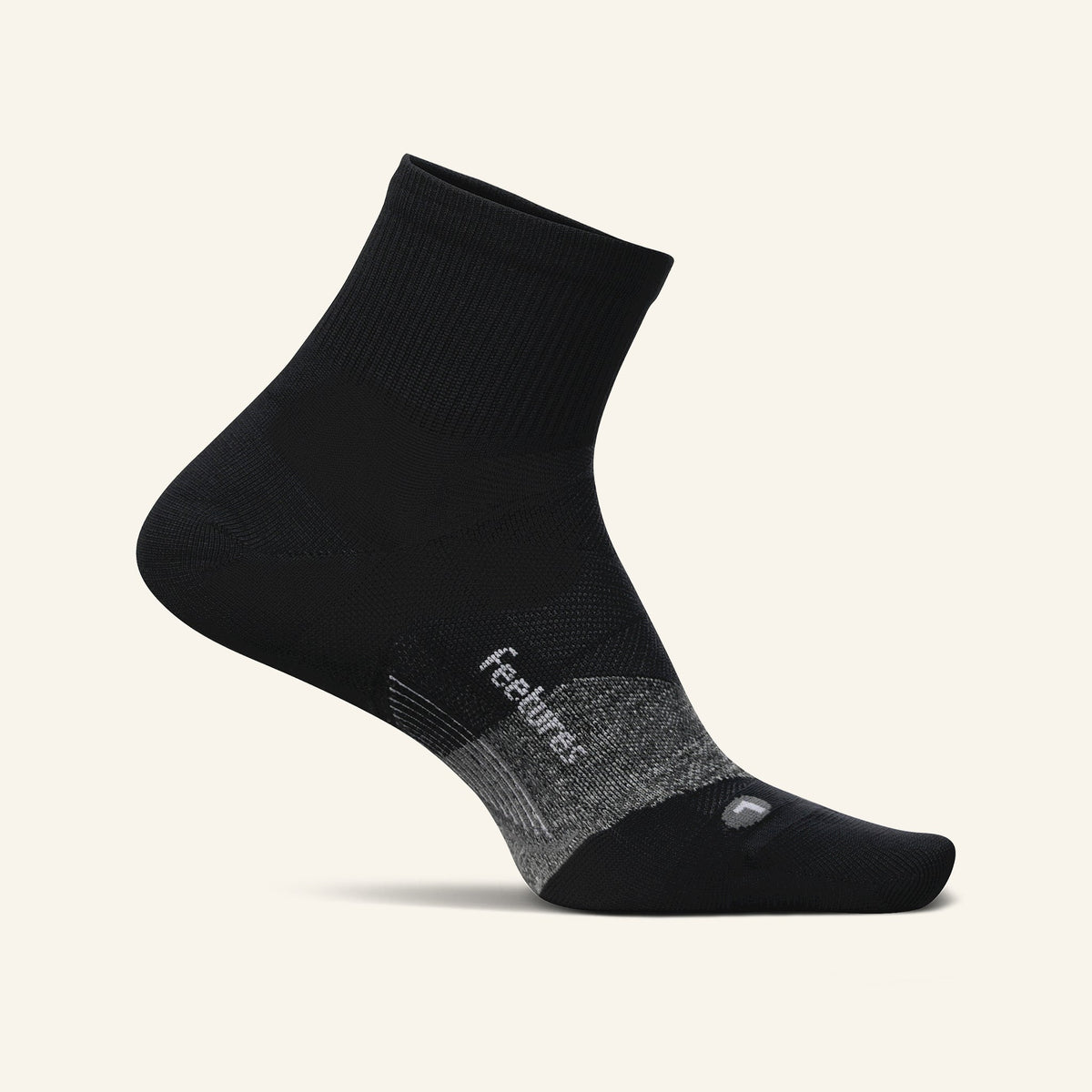 Feetures Elite Ultra Light Cushion Quarter sock in Black — front view #Colour_Black