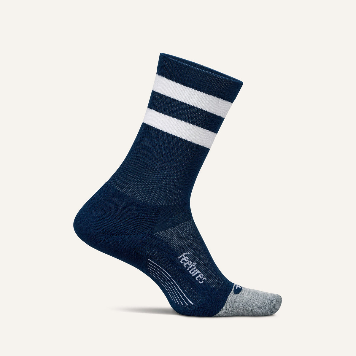 Feetures Elite Light Cushion Mini Crew sock in Navy High Top Stripe — front view #Color_Navy High Top Stripe