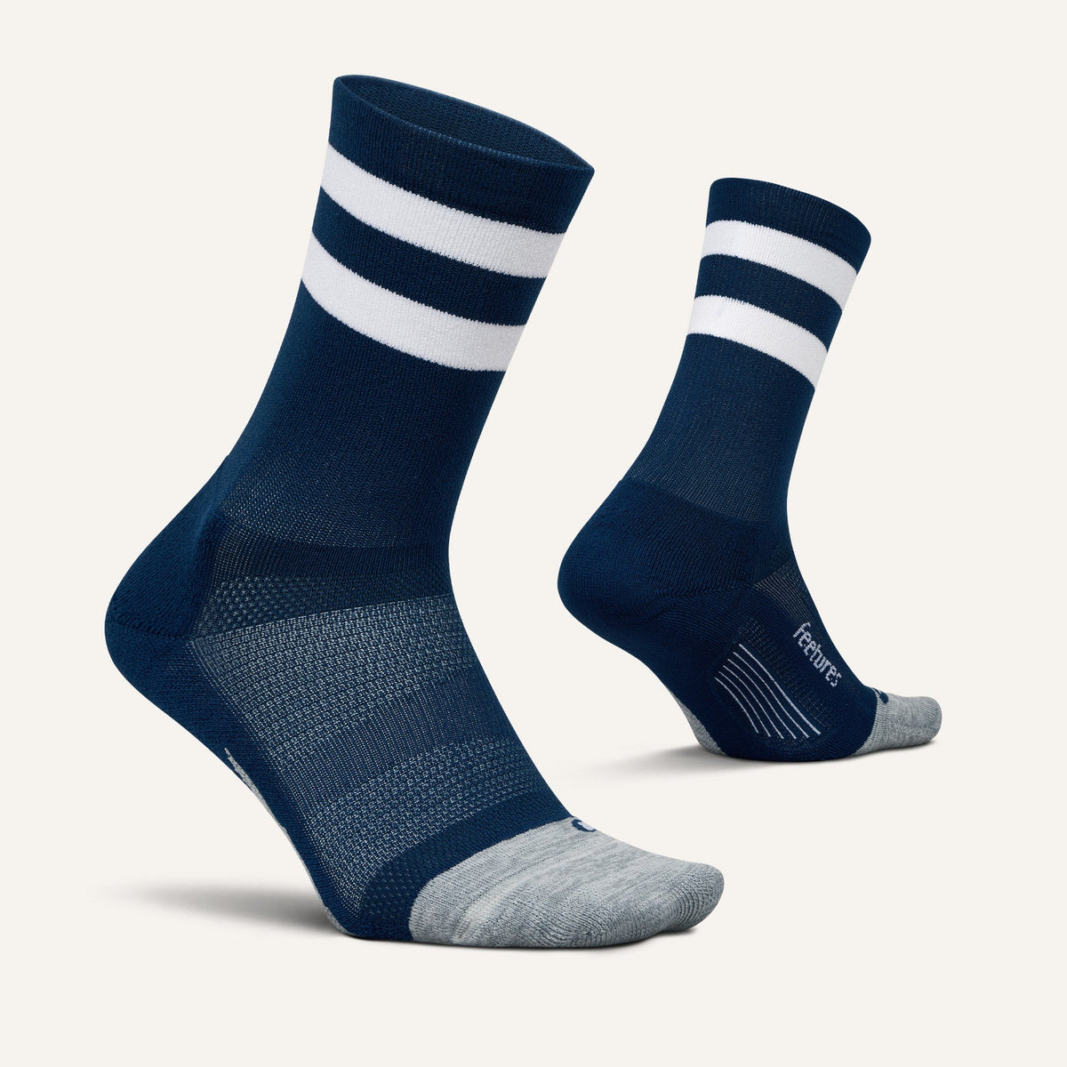 Feetures Elite Light Cushion Mini Crew sock in Navy High Top Stripe — pair view #Color_Navy High Top Stripe