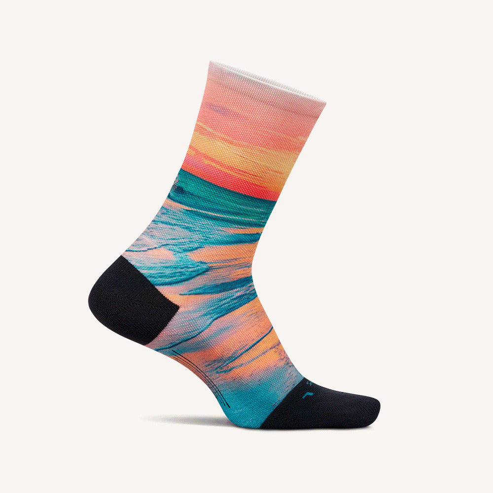 Feetures Elite Light Cushion Mini Crew Landscape LE sock in Sunset Glow — front view #Color_Sunset Glow