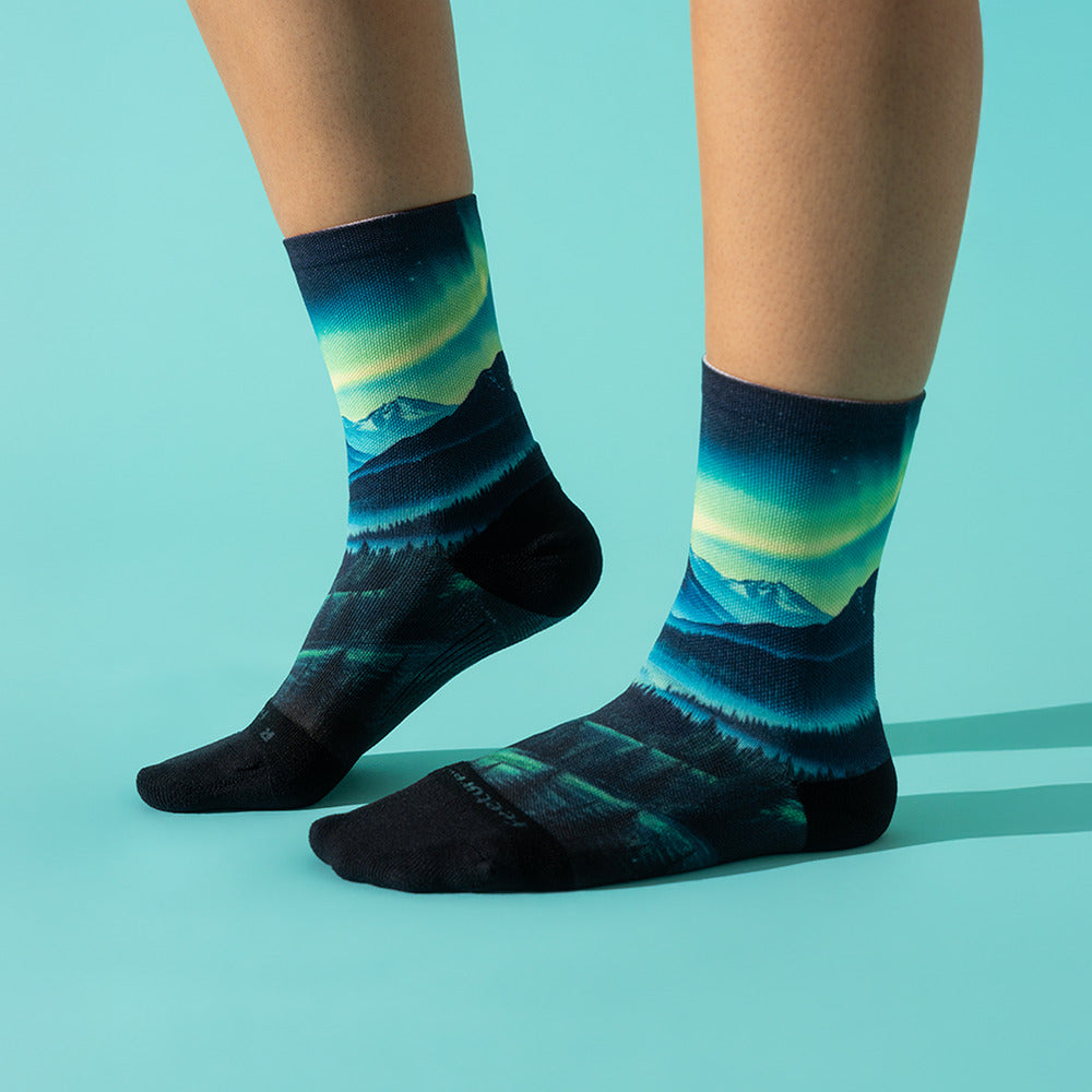 Feetures Elite Light Cushion Mini Crew Landscape LE sock in Aurora Glow — lifestyle #Color_Aurora Glow