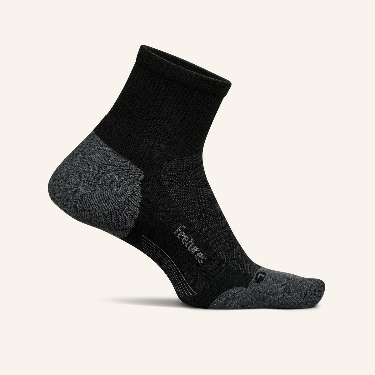 Feetures Elite Max Cushion Quarter sock in Black — front view #Colour_Black