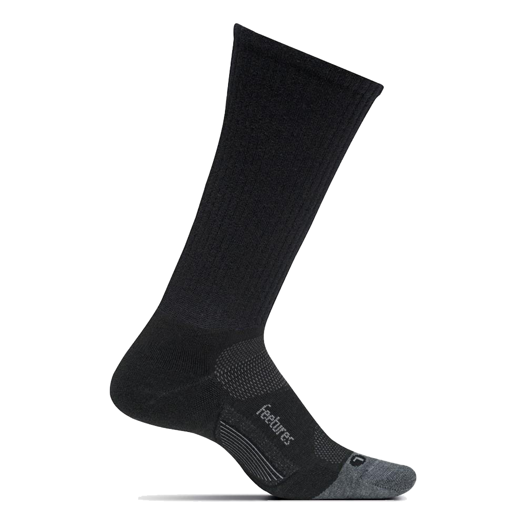 Feetures Merino 10 Cushion Crew sock in Black — front view #Colour_Black