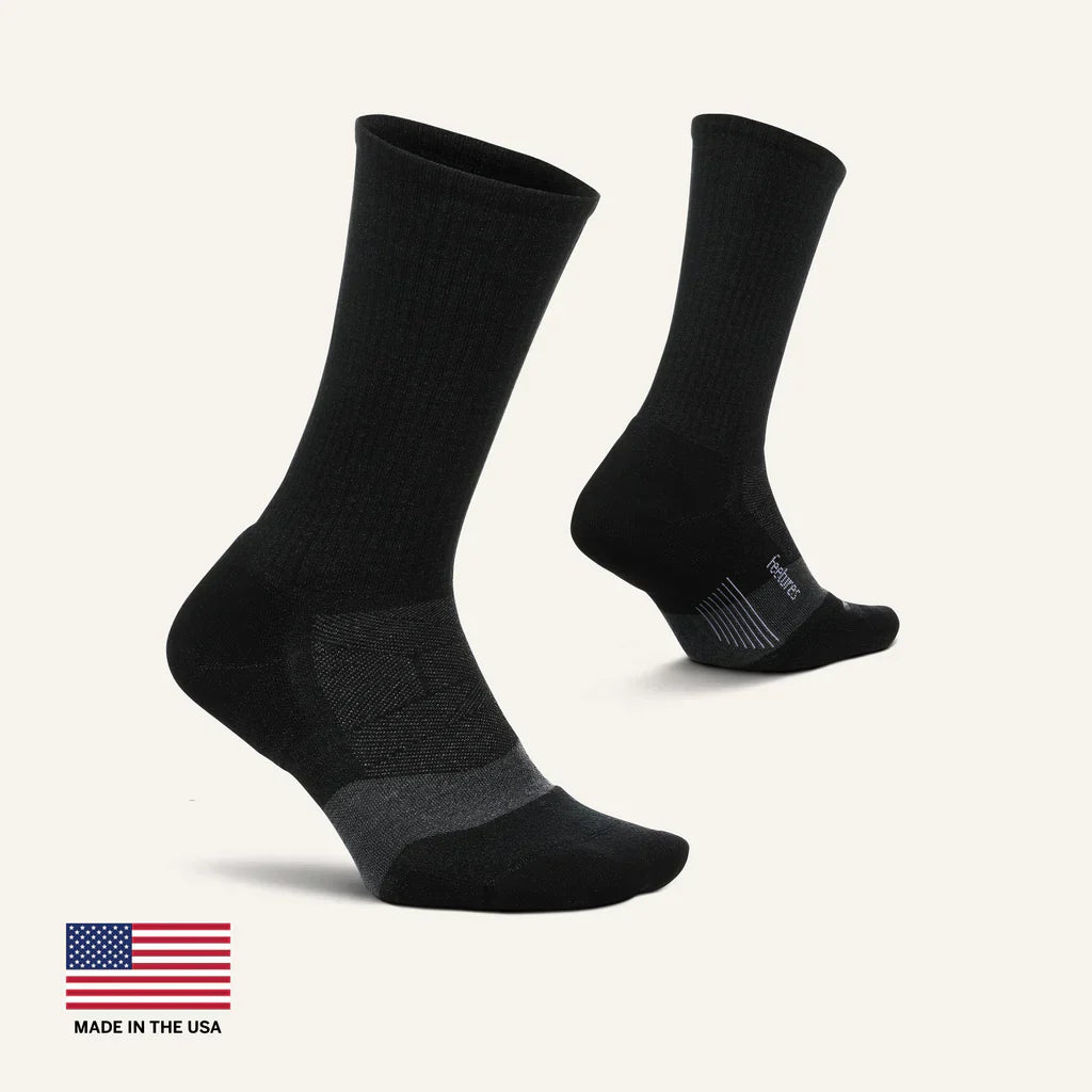 Feetures Merino 10 Ultra Light Cushion Mini Crew sock in Black — pair view #Color_Black