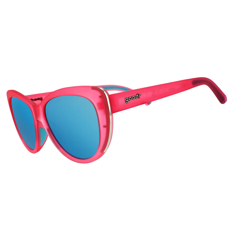 goodr Glam G Flamingo Couture sunglasses, pink frame with mirrored cyan lenses — side view