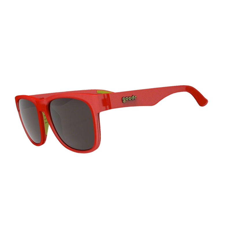 goodr BFG Grip It And Sip It sunglasses, red frame with copper mirrored lenses — side view