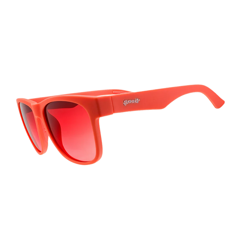 goodr BFG Solar Flare Centaur sunglasses, coral frame with coral gradient mirror lenses — side view