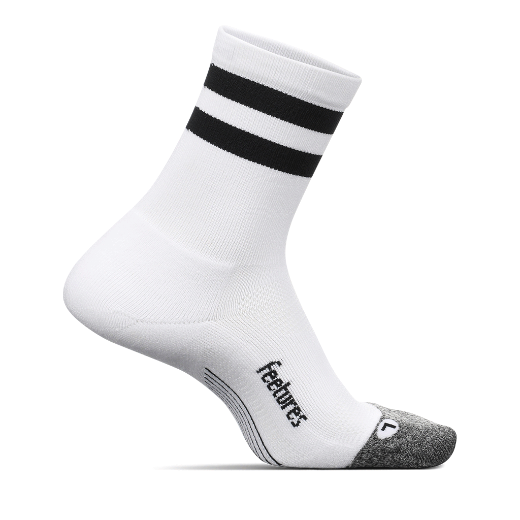 Feetures Elite Light Cushion Mini Crew sock in White High Top Stripe — front view #Color_White High Top Stripe